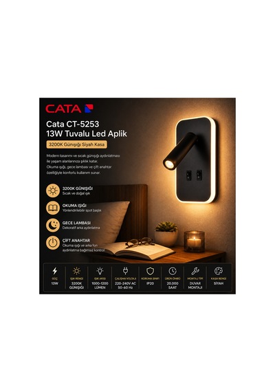 Ct-5253 Tuvalu Led Aplik 13w Siyah Günışığı 3200k Modern Duvar Armatürü