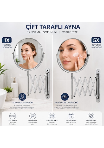 Akordiyon Kollu Makyaj Aynası 1x 5x Büyütmeli Çift Taraflı 625 Mm Uzatılabilir Duvar Tipi Krom