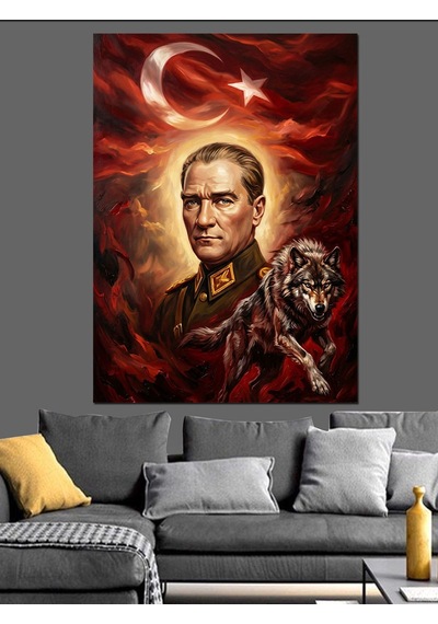 Atatürk Ve Bozkurt Türk Bayrağı Dekoratif Kanvas - Mdf Ahşap Tablo