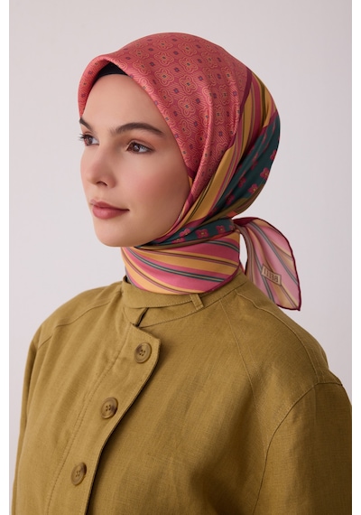 Belli Geometrik Desen %100 Twill İpek Eşarp Be23 Pembe-sarı