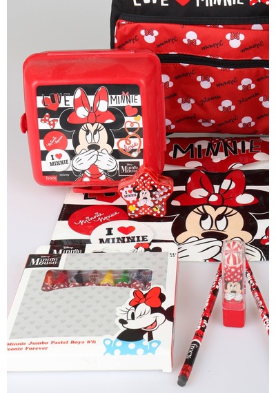 X Dekomus Lisanslı Minnie Mouse Kırtasiye Seti Love Collection Küçük Boy Anaokul Çantası,matara,beslenme Kabı,çıtçıt Dosya Seti Altın