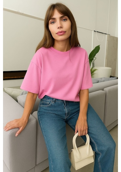 Düz Oversize Unisex Tişört Yb5 Pembe