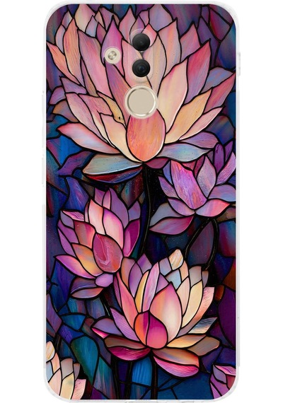 Printify Huawei Mate 20 Lite İle Uyumlu Vitray Sessiz Lotus Tasarımlı Şeffaf Silikon Kılıf Şeffaf