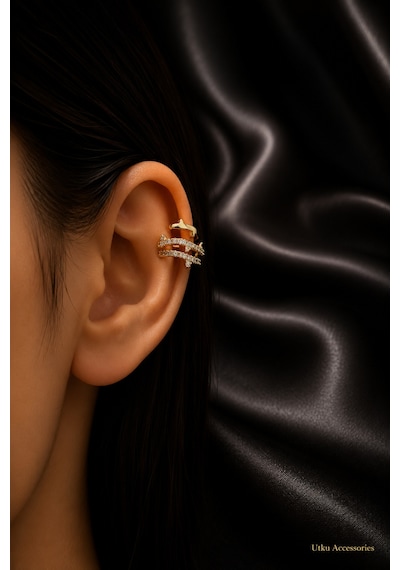 Gold Sıralı Taşlı Çelik Kıkırdak Küpe Earcuff Altın