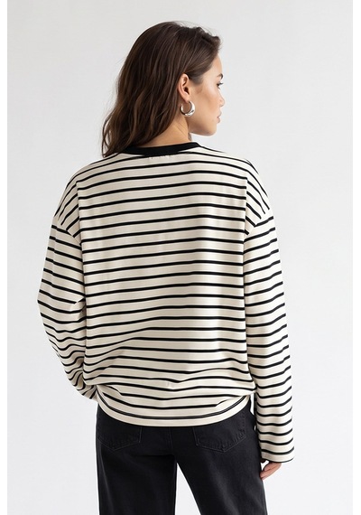 Mixray 2236 Çizgili Bisiklet Yaka Uzun Kol Oversize Sweatshirt Siyah