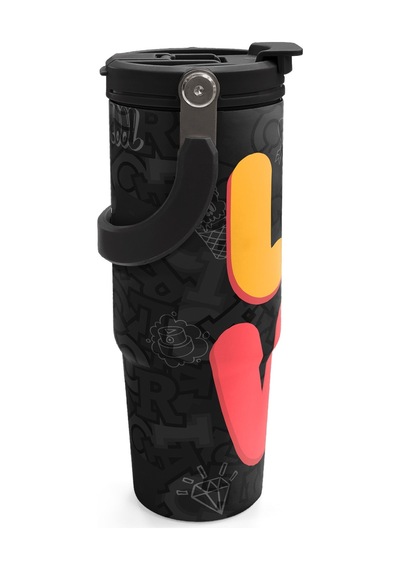 Coral High Renkli Love Desenli Pipetli Ve Direkt İçim Çelik Termos 900 Ml 38706 Siyah
