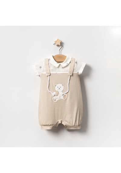 Lamato Baby Yazlık Yıldız Baskılı Ayıcık Nakışlı İpli Bebe Erkek Tulum Bej