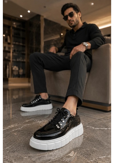 Mevese Duolc Bağcıklı Rugan Erkek Günlük Rahat Taban Sneaker Ayakkabı - Siyah Beyaz Siyah Beyaz Rugan