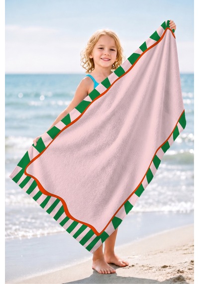 Çizgili Modern Pembe Yeşil Plaj Havlusu-akdeniz Stil Turuncu Detaylı Hızlı Kuruyan Mikrofiber Havlu Köpük Kabuğu