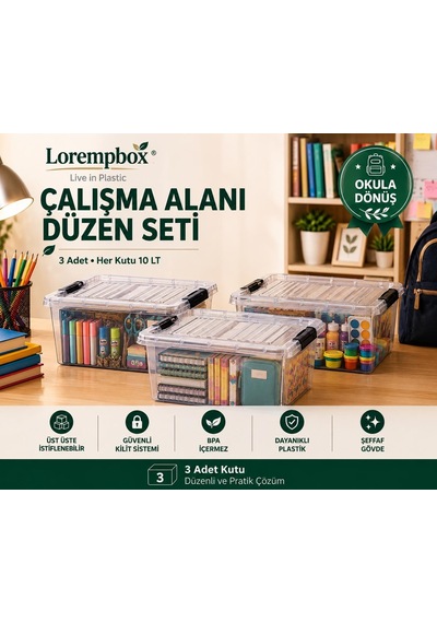 Lorempbox Çalışma Alanı Düzen Seti 3 Lü 10 Lt Şeffaf Saklama Kutusu