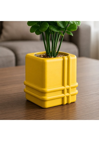 3d Baskı Square Planter - Izgara Desenli Küp Saksı-sarı