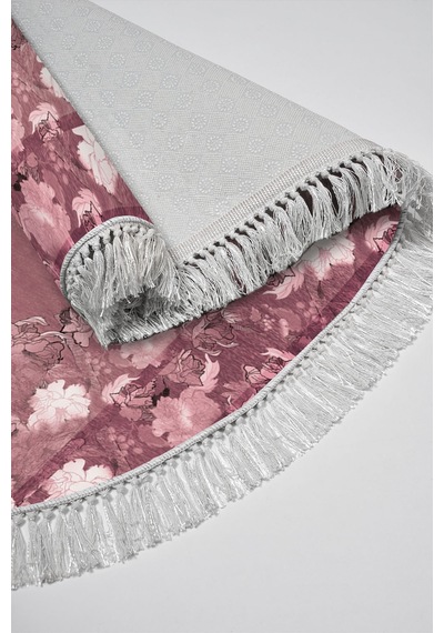 Dijital Baskılı Oval Salon Halısı Kaymaz Yıkanabilir Keçe Taban Saçaklı Çiçekli P1388 Bordo