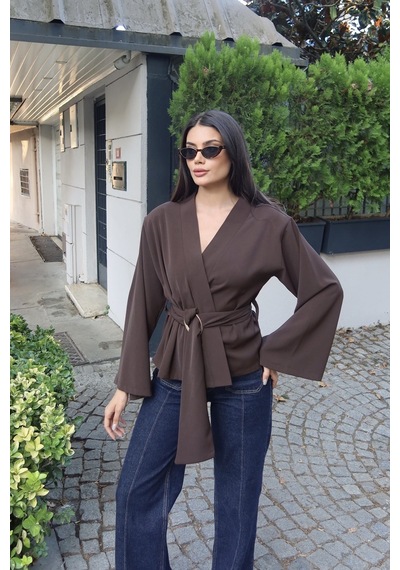 Kechi Woman Krep Kumaş Kruvaze Kemerli Kimono Bluz Kahverengi