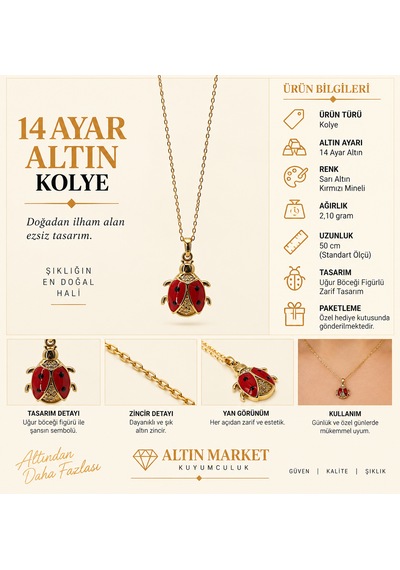 14 Taşlı Ve Kırmızı Mineli Uğur Böceği Altın Kolye