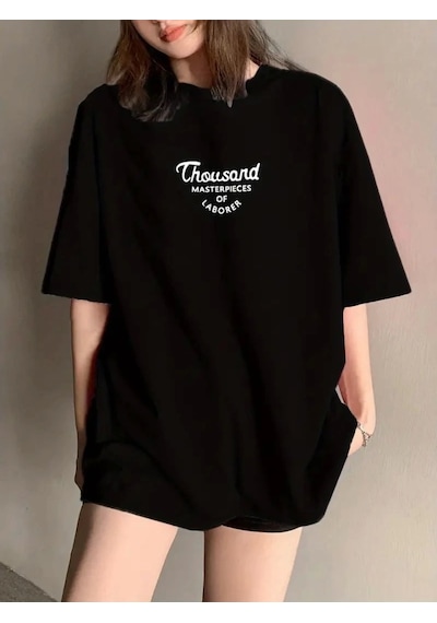 Thousand Baskılı Oversize Bisiklet Yaka T-shirt - Siyah Siyah