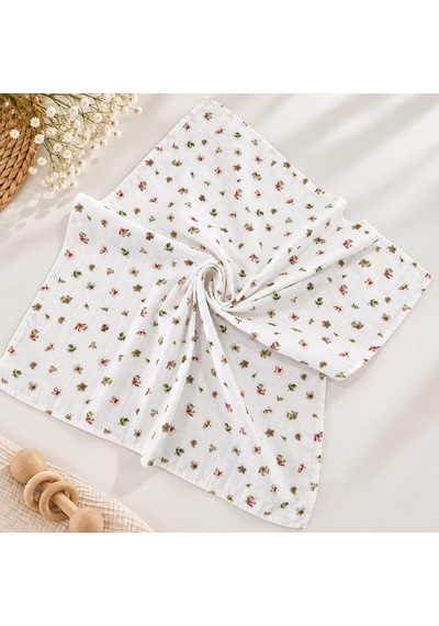 Sallhome Baby 3'lü Müslin Bebek Örtüsü Seti Çiçek Desenli & Gül Kurusu %100 Pamuk
