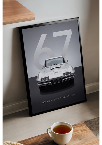 Corvette Stingray 427 Siyah Ahşap Çerçeveli Poster, Dekoratif Araba Duvar Tablosu