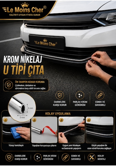 Seat Leon Style Geçmeli U Tipi Çıta 5 Metre Krom Nikelaj Oto Kapı Koruma