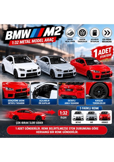 1:32 Çek Bırak Bmw M2 Metal Model Araba Açılabilir Kapılı 1 Adet