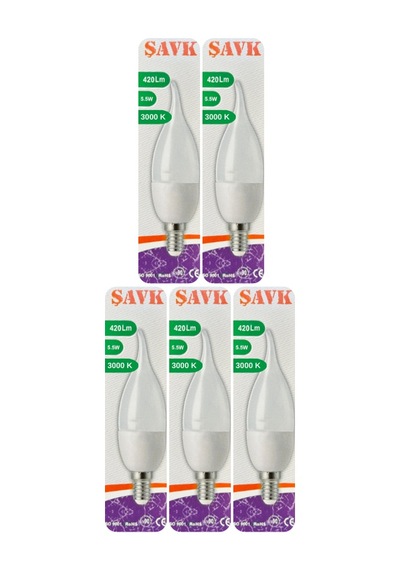 5 Adet Şavk 5,5w 37w Sarı Işık 3000k E14 Duylu İnce Duy Led Kıvrık Ampul