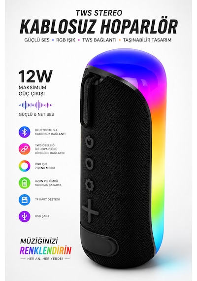 Blc Tws Stereo Kablosuz Bluetooth Hoparlör Rgb Işıklı 12w Güçlü Ses 1800mah Taşınabilir Tf Kart Destekli Usb Şarjlı