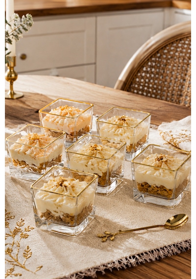 Porsima 13878-1 Vanes Prizma Gold Yaldızlı 6'lı Cam Kare Kase Seti 250 Ml Tatlı, Puding, Magnolia Ve Çerez Sunum Kasesi