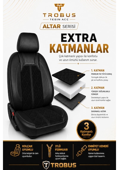 Fiat Egea Cross 2020+ Uyumlu Altar Serisi Tay Tüyü Siyah Premium Koltuk Kılıfı