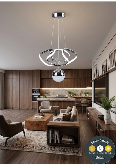 Dron Model 3 Renkli Modern Krom Led Sarkıt Avize - Alt Küre Aydınlatmalı Salon Mutfak Avizesi