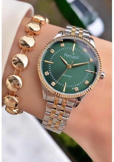 Ferrucci Fc59875 Retro Model Sade Şık Çelik Kordon Ve Kasa Kadın Kol Saati+bileklik Hediye Altın - Gümüş