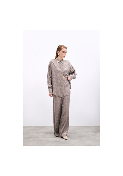 Sateen Jakarlı Salaş Pantolon - Vizon