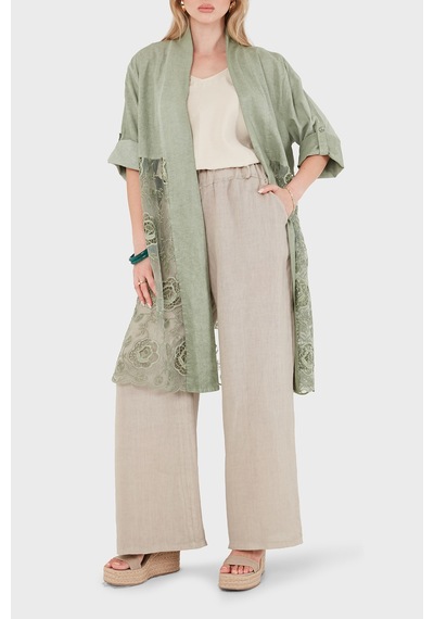 Via Dante % 100 Keten Dantel Detaylı Kimono Bayan Kimono 6909330 Haki