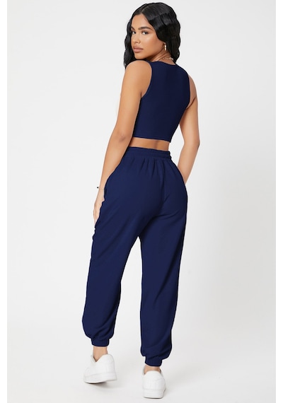 Moda Dua Kadın Lacivert Kaşkorse Cepli Jogger Eşofman Altı Ve Crop Top Bluz
