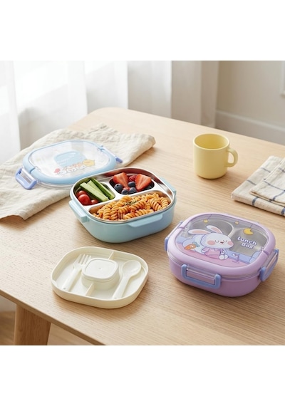 700 Ml Paslanmaz Çelik Yemek Kabı, 3 Bölmeli Kilitli Lunch Box, Çatal Kaşık Dahil Renkli Desenli Saklama Ve Taşıma Kabı Çok Renkli 30972413