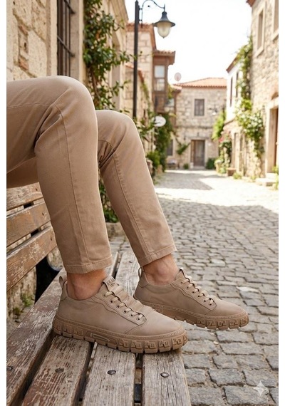 Guja 26y518 Rahat Desenli Kauçuk Taban Tekstil Lastik Bağcıklı Sneaker Erkek Ayakkabı Bej
