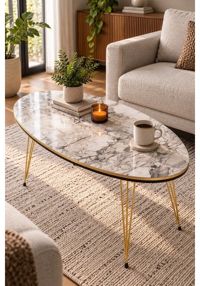 Sulorahome Oval Mermer Desenli Gold Metal Ayaklı Orta Sehpa Beyaz Mermer