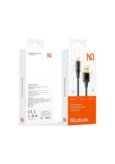 Mcdodo Ca-2080 Lightning 3a Şeffaf Başlıklı Data Aktarım Ve Şarj Kablosu Siyah - 1.2 Metre