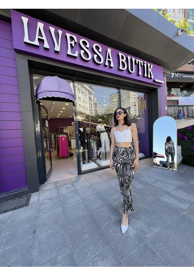 Zebra Desen Yüksek Bel Rahat Pantolon - Zebra Desen -136 Beyaz