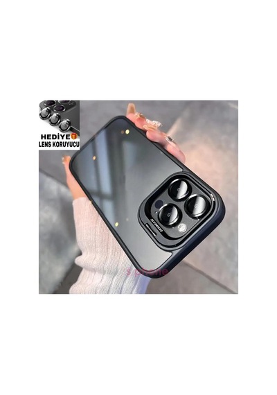İphone 15 Pro Uyumlu Kılıf Kamera Korumalı Açılır Pencere Standlı Arkası Şeffaf + Lens Koruyucu Resimde Görünen