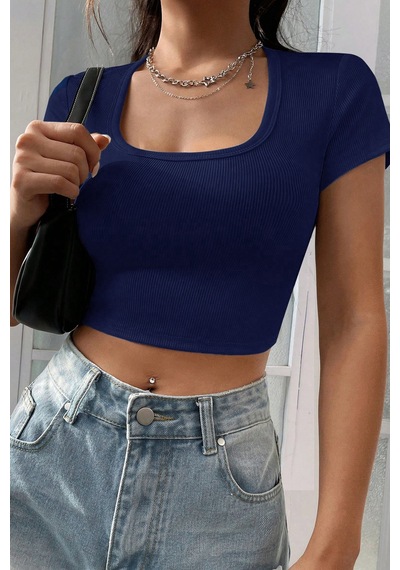 Angbutik Kadın Lacivert Yarım Kol Düz Yaka Crop Top Bluz