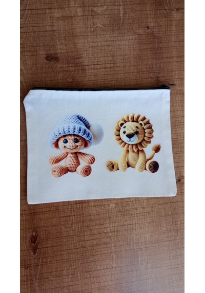 Wisheratelier Sevimli Örme Baskı Detaylı Clutch Bez Çanta Krem.karışık Renkli Desenli