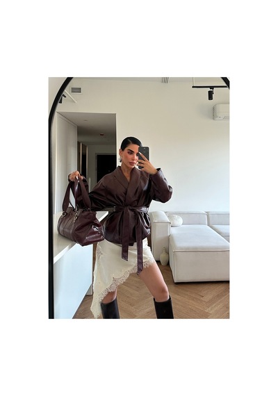 Meecy Kadın Zr Model Şal Yaka Bağlamalı Deri Ceket Bordo Bordo