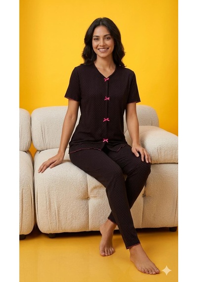 Sleeproom Yazlık Siyah Fuşya Puantiye Desenli Kısa Kol Penye %100 Pamuk Pijama Takım