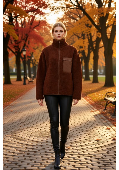 Benerly Kadın Dik Yaka Düşük Kol Tam Fermuarlı Peluş Sweatshirt Fonksiyon Kahverengi