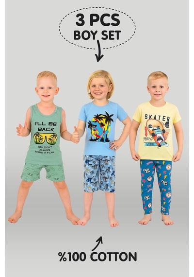Vitmo Erkek Çocuk 3'lü %100 Pamuklu 1-2-3 Yaş Pijama Takımı Model:113 Çok Renkli