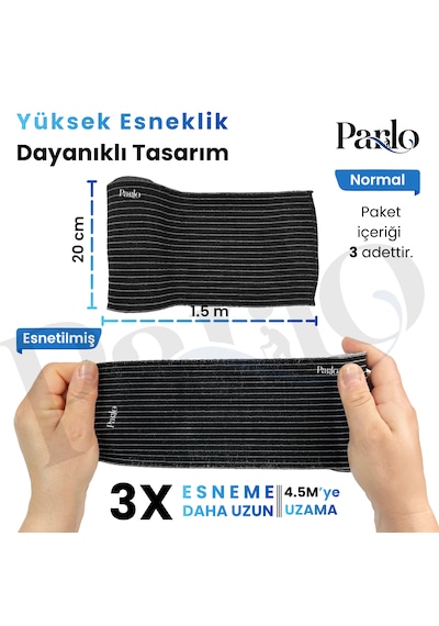 Parlo Siyah Elastik Bandaj 20 Cm X 1,5 M 3 Lü Set %300 Esnek, 4,5 M Ye Kadar Uzayan, Metal Kancalı Destek Ve Sargı Bandajı