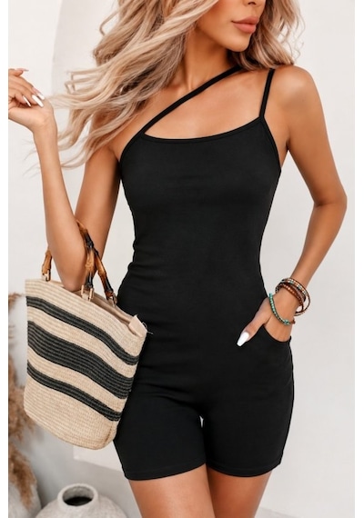 Butik İstanbul Kadın Asimetrik Askılı Mini Kaşkorse Bodycon Tulum Siyah