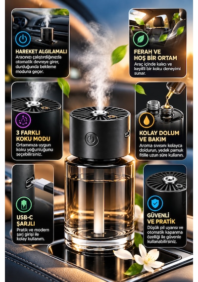 Otomatik Sprey Araç Kokusu Hareket Sensörlü 3 Modlu Usb-c Şarjlı Aroma Difüzörü Dx5