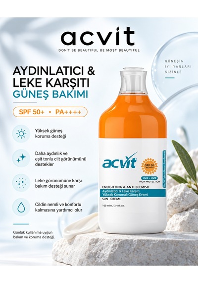 Acvit Aydınlatıcı ve Leke Karşıtı Yüksek Korumalı Güneş Kremi SPF50+ 100 ML