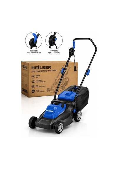 Heilber Ba0115371 2000w Elektrikli Çim Biçme Makinesi 35 Cm Kesim Genişliği, 5 Kademeli Yükseklik Ayarı, 4