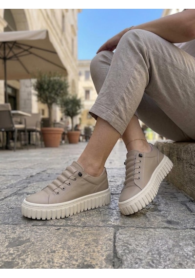 Gamelu Vıgor Kadın Lastikli Memory Foam Kalın Taban Keten Sneaker Ayakkabı Bej